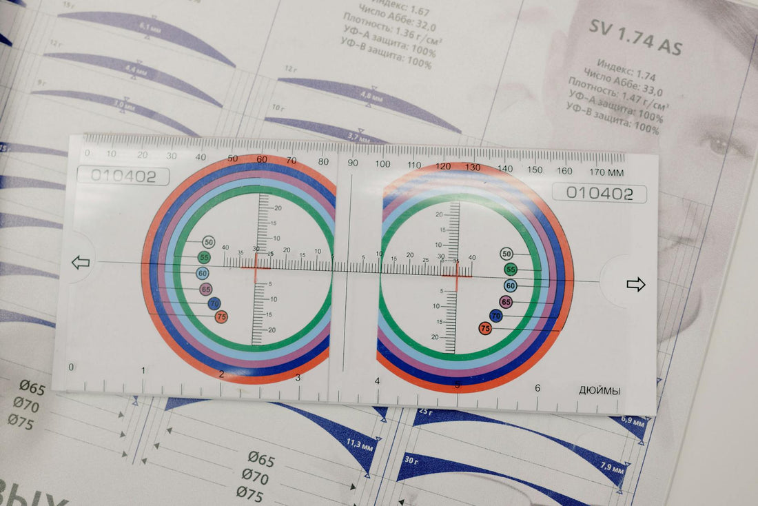 From above of manual optical tool with numbers and arrows on paper with brochure on table