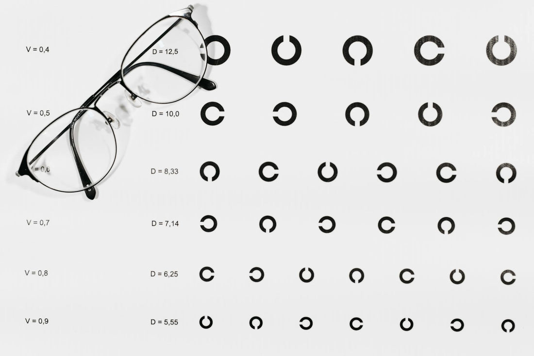 Close-up of eyeglasses placed on visual acuity test chart, symbolizing vision testing.