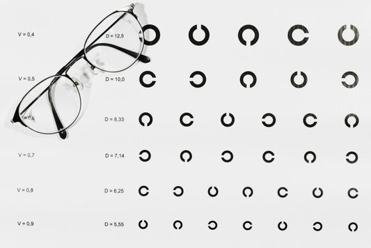 Close-up of eyeglasses placed on visual acuity test chart, symbolizing vision testing.